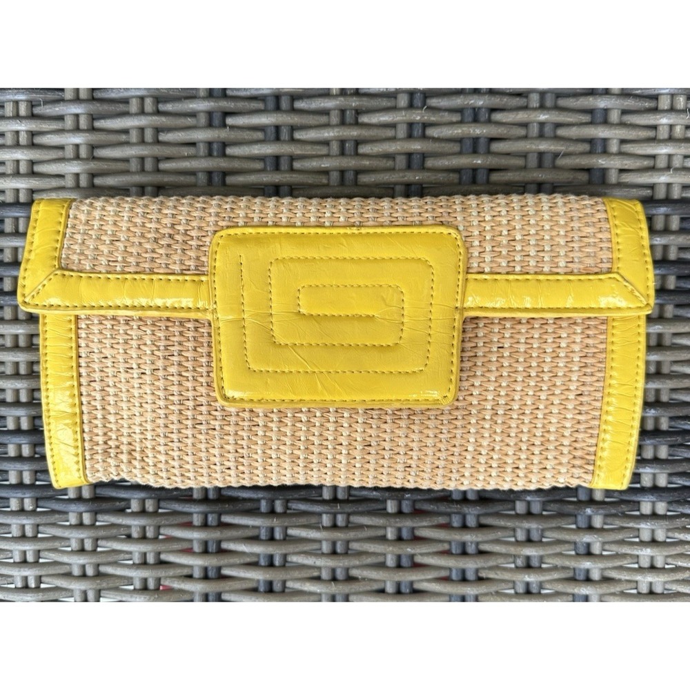 Vintage Y2K Sondra Roberts SR Squared Straw Clutch Yellow‎ Patent Trim